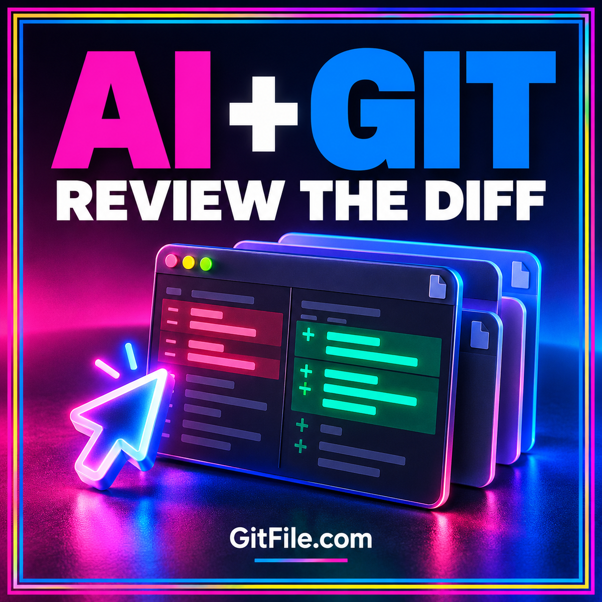AI + Git — Review the Diff: neon code windows and a cursor arrow, branded GitFile.com.